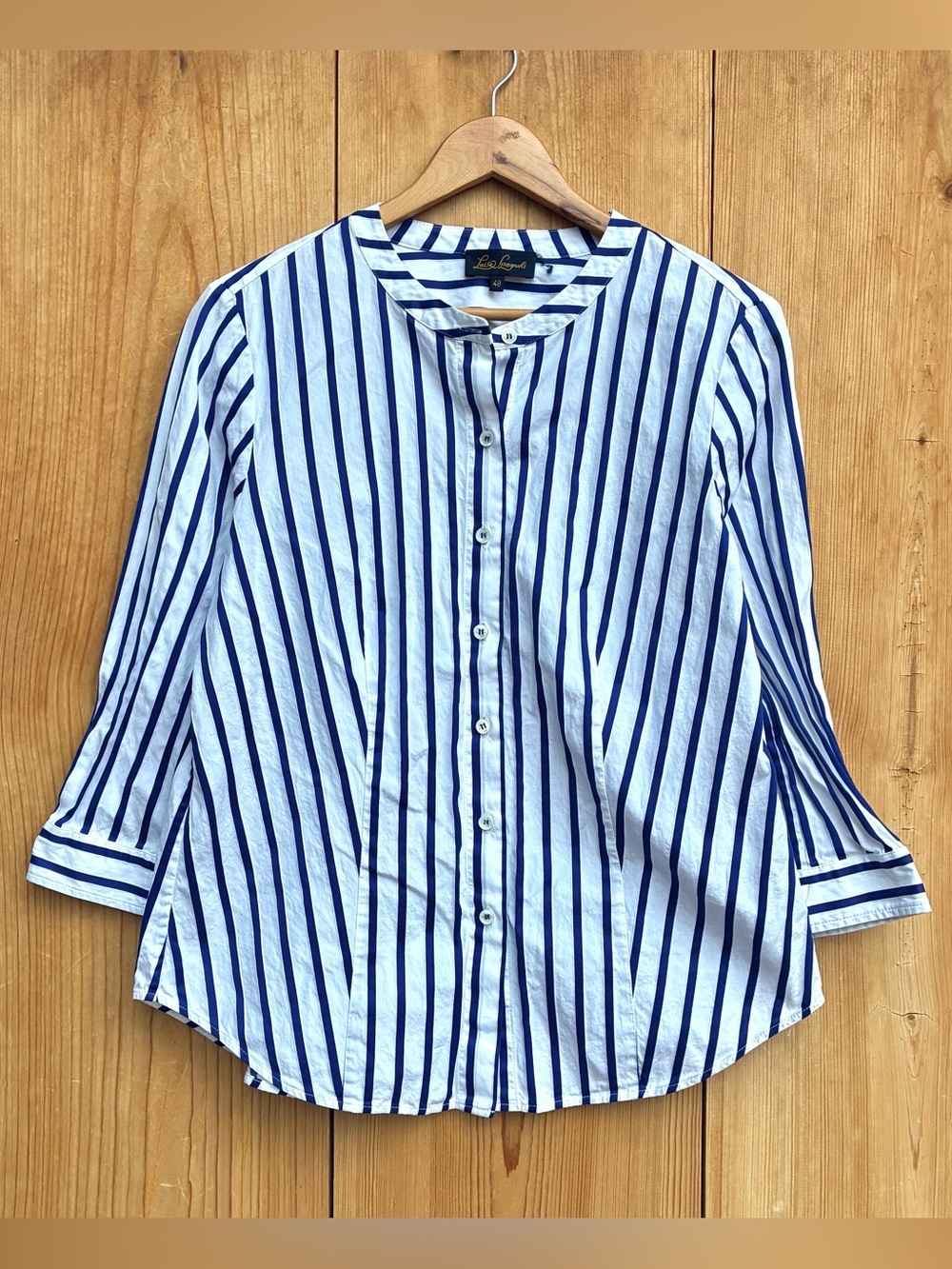 Luisa Spagnoli Striped Cotton Mandarin Collar Top Sz 48, Large